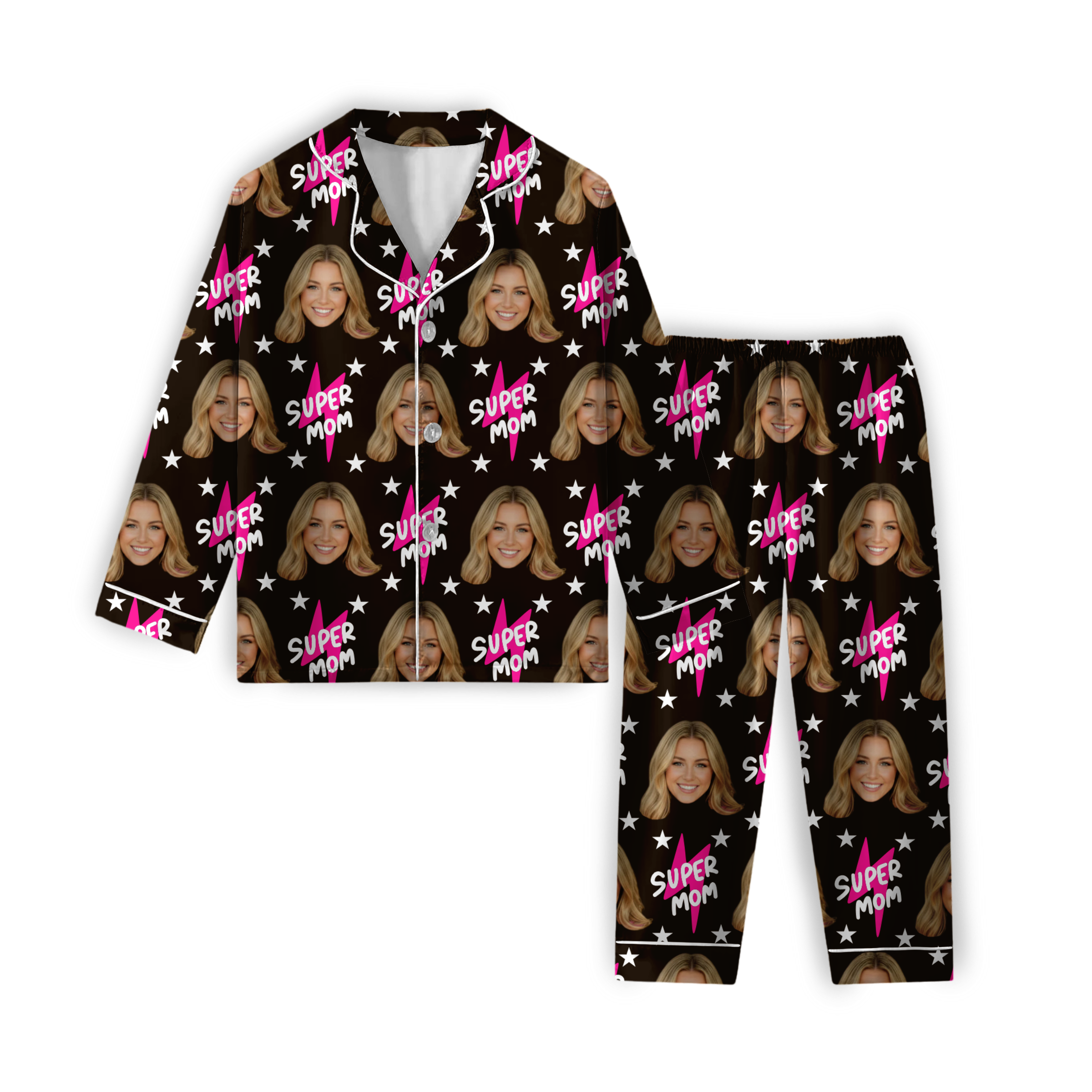 Super Mom Pattern Pajamas | Custom Personalized Face Pijama Set for Women, Moms, Friends, or Daughters | Funny Gift for Mother’s Day, Birthday, or Christmas