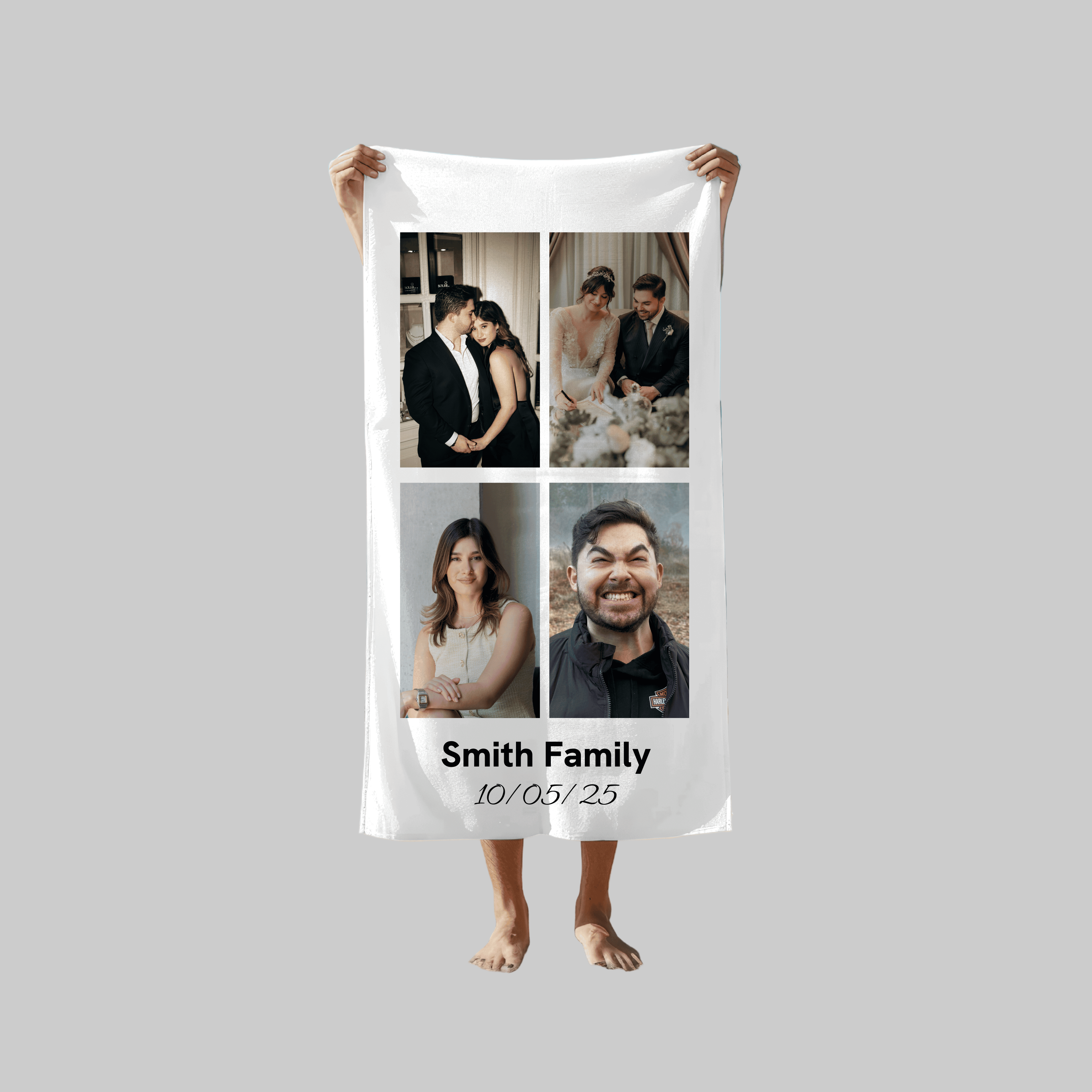 Collage of 4 Photos + Text | Custom Towel with Faces or Image | Unique Gift for Beach, Bath, Gym, Men, Women, Friends