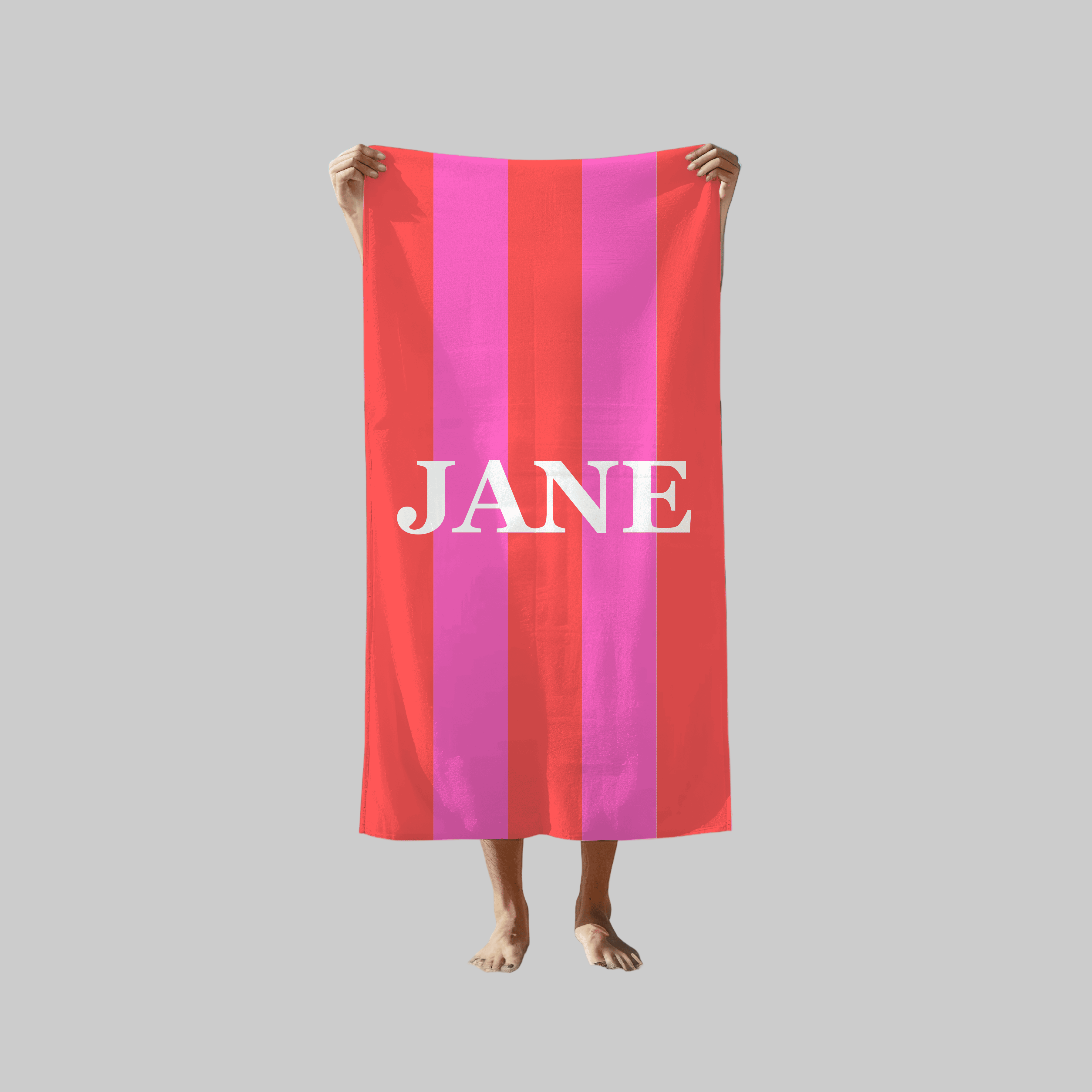Personalized Name | Red & Pink Striped Beach Towel | Custom Gift for Her, Him, Friends | Summer, Pool, Vacation, Birthday