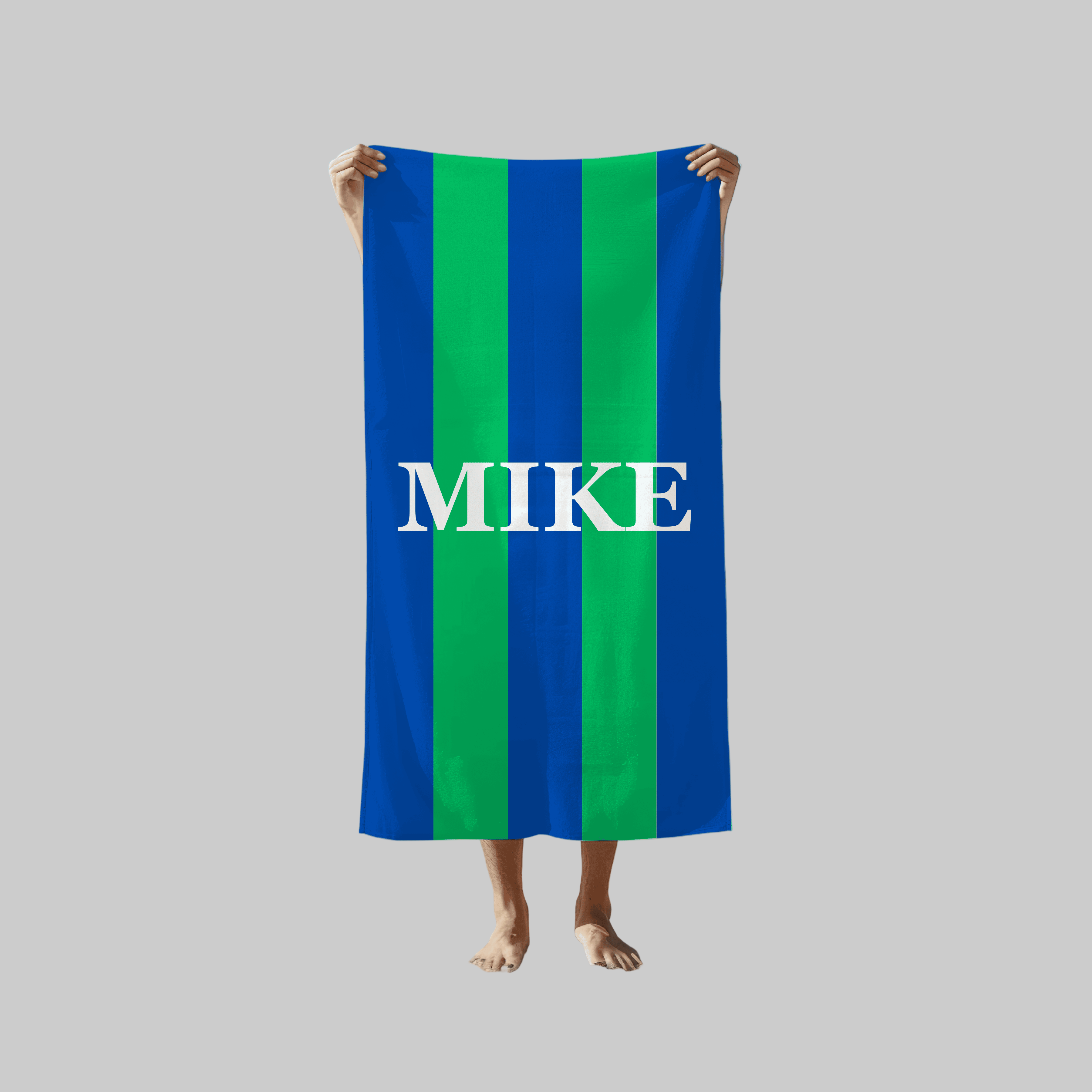 Personalized Name | Blue & Green Striped Beach Towel | Custom Gift for Her, Him, Friends | Summer, Pool, Vacation, Birthday