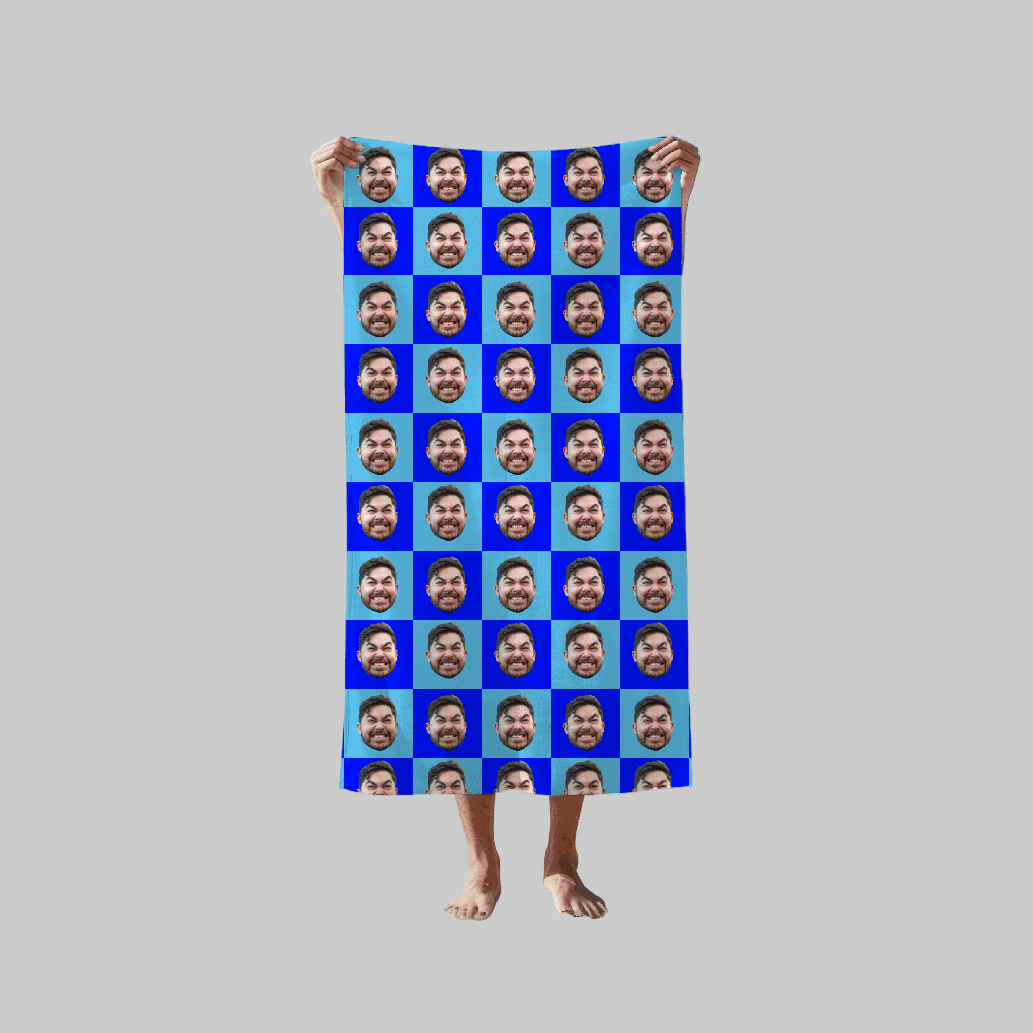Checkered Faces Blue | Custom Towel with Repeating Photo Pattern | Fun Gift for Beach, Gym, Bath, Him, Her, Friends